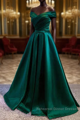 Satin Emerald Green Pleated A-Line Off-shoulder Semi Formal Prom Dresses